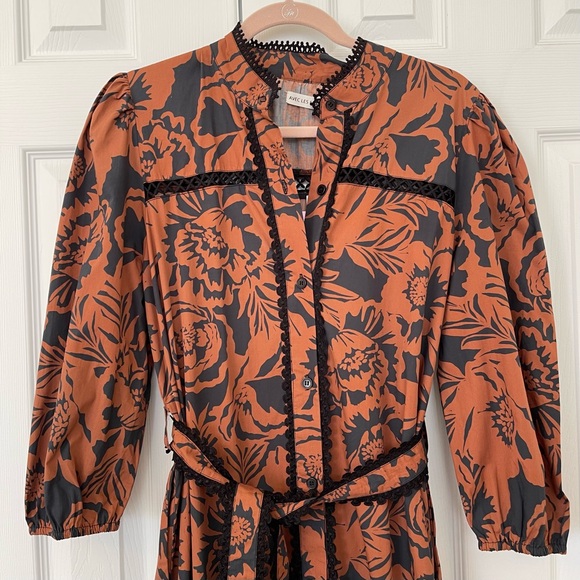 NWT Avec Les Filles Black & Rust Cotton Poplin Floral Belted Maxi Dress - Picture 2 of 16